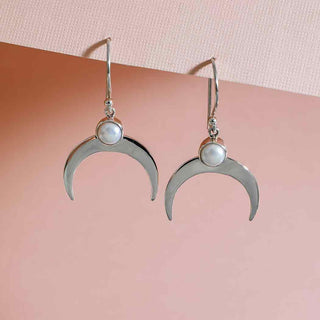 Nina Designs Sterling Silver Crescent Moon with Pearl Dangle Earrings
