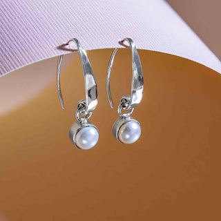 Sterling Silver Hammered Earring with Pearl Drop 23x6mm - Nina Designs