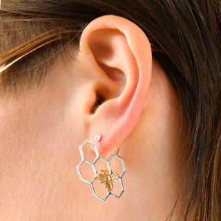 Side View of Sterling Silver Honeycomb Earrings on Ear