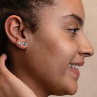 Sterling Silver Shadowbox Sun and Moon Earring Set on Ear