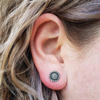 Sterling Silver Sunflower Earrings on Ear