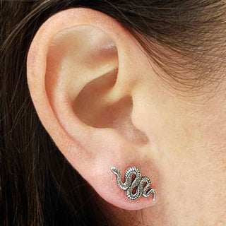 Sterling Silver Detailed Snake Earrings on Ear