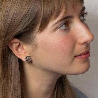 Silver and Bronze Daisy Earring on Model