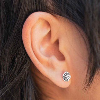 Sterling Silver Rose Earrings on Ear