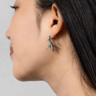 Sterling Silver Antler Earrings on Ear