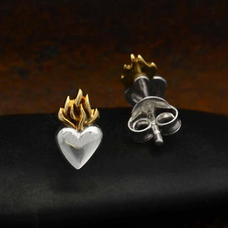 Sterling Silver Heart with Bronze Flames Post Earrings