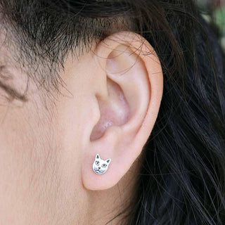 Sterling Silver Cat Face Post Earrings 7x6mm - Nina Designs