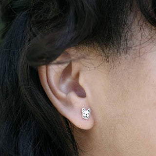 Sterling Silver Frenchie Face Post Earrings on model