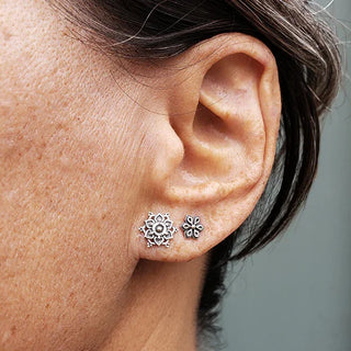 Sterling Silver Small Mandala Earrings on Ear