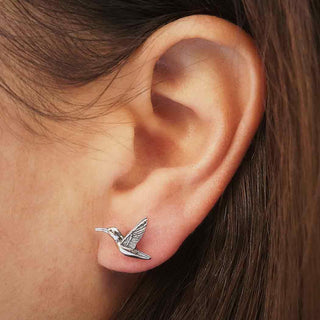 Sterling Silver Flying Hummingbird Earrings on Ear