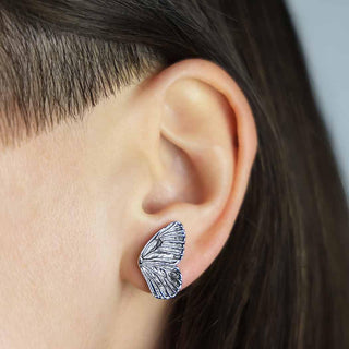 Sterling Silver Detailed Butterfly Wing Post Earrings on Ear
