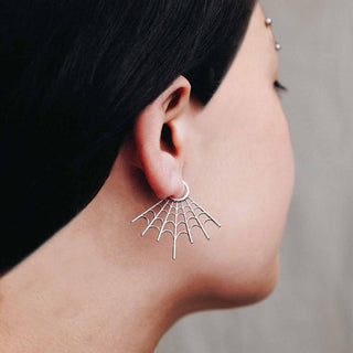 Sterling Silver Spiderweb Segment Earrings on Ear