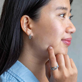 Sterling Silver Gothic Marquis Hoop Earrings on Woman