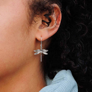 Sterling Silver Dragonfly Dangle Earrings in ear