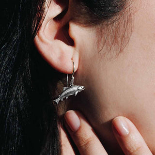 Sterling Silver Trout Dangle Earrings on Ear