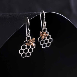 Nina Designs Bronze Bee on Silver Honeycomb Dangle Earrings