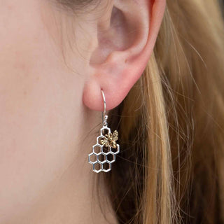 Sterling Silver Honeycomb Earring with Bronze Bee on Woman's Ear