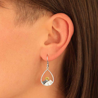 Sterling Silver Teardrop Dangle Earrings with Silver Mountains and Bronze Sun on Ear