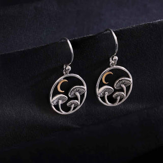 Dangle Earrings with Sterling Silver Mushrooms and a Bronze Crescent Moon