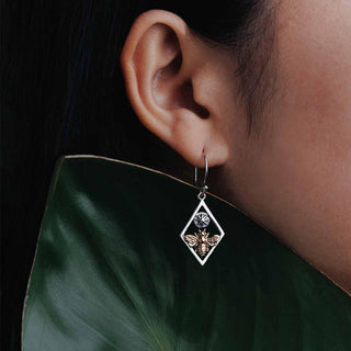 Bronze Bee Within a Sterling Silver Diamond Shaped Frame Earrings on Model