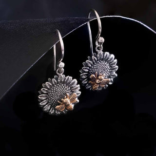 Nina Designs Mixed Metal Sunflower with Bronze Bee Dangle Earrings