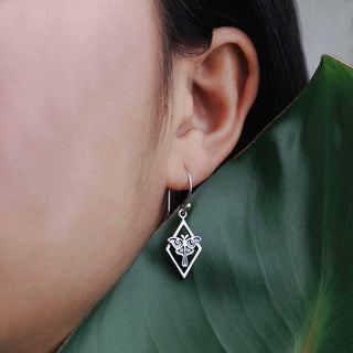 Sterling Silver Geometric Luna Moth Dangle Earrings on model ear