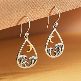 Nina Designs Mixed Metal Teardrop Earrings with Silver Mushrooms and Bronze Moon