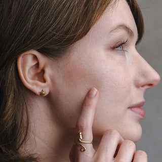 Bronze 3D Cat Head Post Earrings on model with Bronze adjustable cat ring