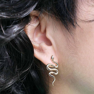 Large Bronze Snake Earrings on Ear