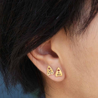 Bronze Ouija Planchette Earrings on Ear