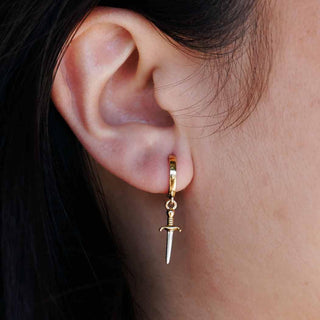 Sterling Silver and Bronze Huggie Hoop with Small Sword Dangle