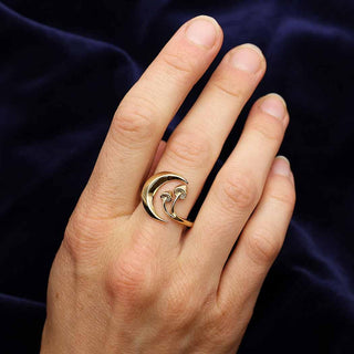 Bronze Moon and Mushroom Adjustable Ring on Hand