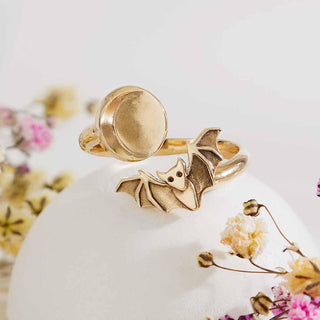 Sterling Silver or Bronze Adjustable Moon and Bat Ring - Nina Designs