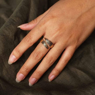 Adjustable Bronze Feather Ring on Hand