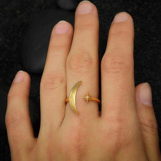 Bronze Crescent Moon and Star Adjustable Ring on Hand
