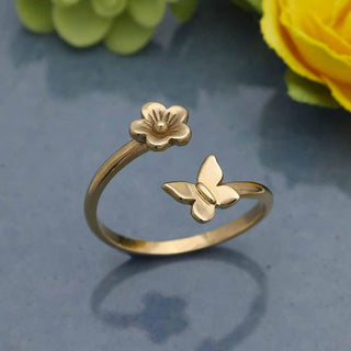 Bronze Butterfly & Flower Adjustable Ring