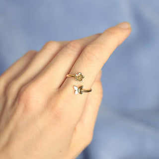 Bronze Butterfly & Flower Adjustable Ring on model