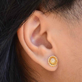 Bronze Sunflower Earrings on Ear