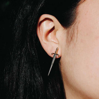 Bronze Sword Earrings on Ear Photo