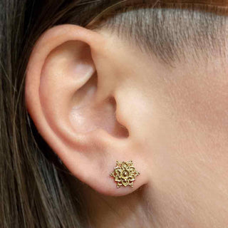 Bronze Small Mandala Earrings on Ear
