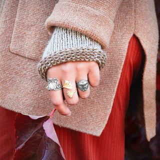 Woman hand with silver and bronze rings holding leaf