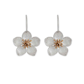 Cherry Blossom Floral earrings with silver and bronze details on a white background