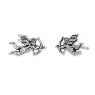 Silver Cupid Stud Earrings on white background.