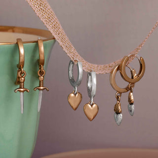 Huggie Hoops with Bronze Heart Dangle