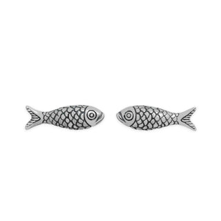 A pair of silver fish-shaped stud earrings with detailed engraved scales and eyes, displayed side-by-side on a plain white background.