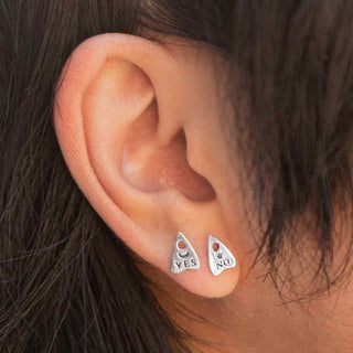 Sterling Silver Ouija Planchette Earrings on Ear