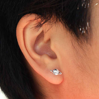 Sterling Silver Ringed Planet Earrings on Ear