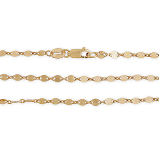A close-up of a yellow gold chain necklace with flat oval links and a lobster clasp, shown against a plain white background.