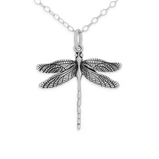 A silver dragonfly pendant necklace with detailed wing engravings, hanging from a delicate silver link chain against a plain white background.