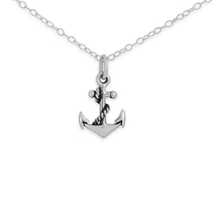 Silver anchor pendant necklace on a white background